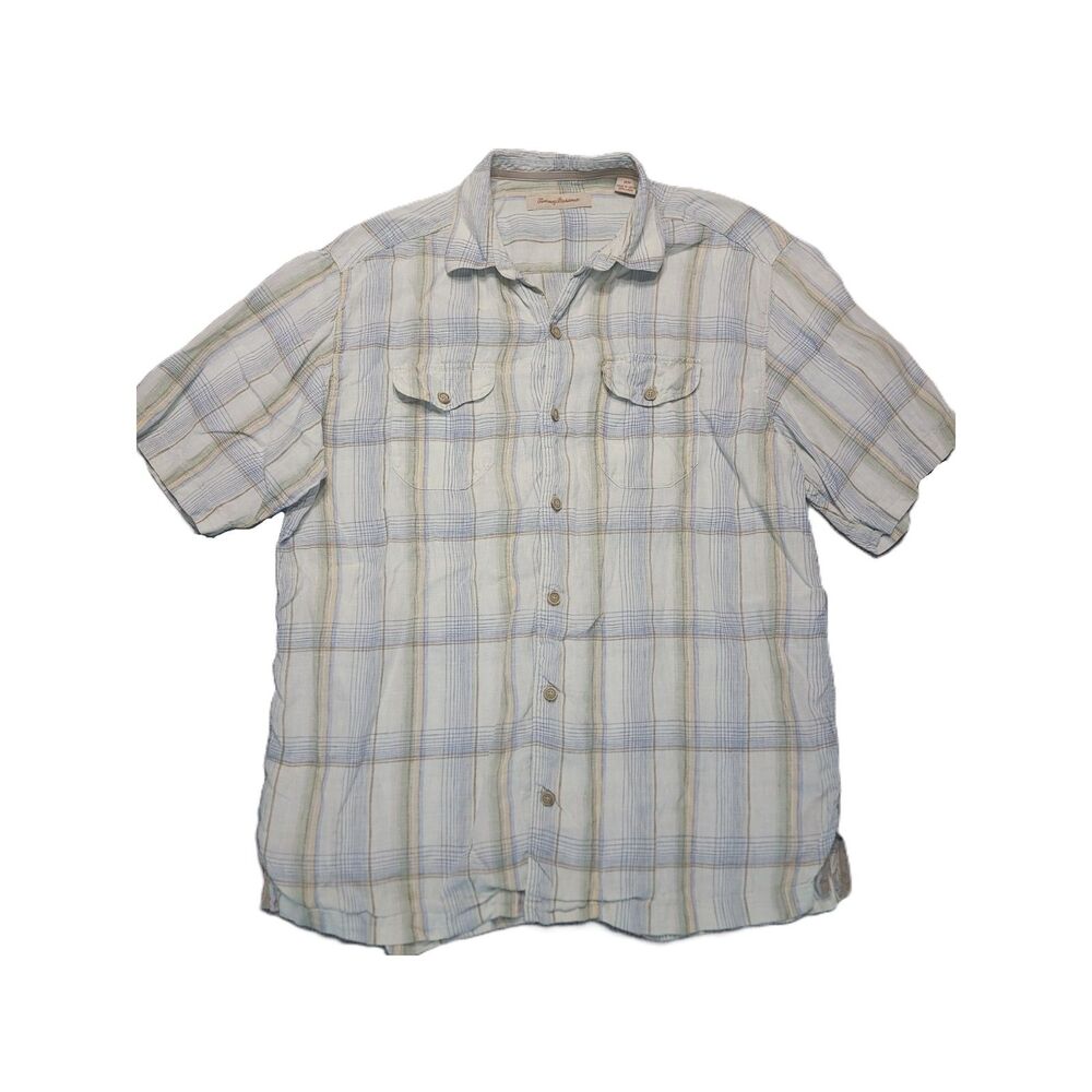 Tommy Bahama Linen Button Up Short Sleeve Mens M Shirt Pockets Plaid